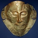 Greece: Golden funeral mask also known as the Agamemnon Mask. Found in Tomb V in Mycenae by Heinrich Schliemann in 1876, 16th century BCE. Photo by DieBuche (CC BY-SA 3.0 License).<br/><br/>

In Greek mythology, Agamemnon was the son of King Atreus of Mycenae and Queen Aerope; the brother of Menelaus and the husband of Clytemnestra; mythical legends make him the king of Mycenae or Argos, thought to be different names for the same area. When Helen, the wife of Menelaus, was abducted by Paris of Troy, Agamemnon was the commander of the Greeks in the ensuing Trojan War. Upon Agamemnon's return from Troy he was murdered by Aegisthus, the lover of his wife Clytemnestra. The so-called 'Agamemnon Mask' is preserved in the National Archaeological Museum in Athens.