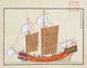 A painting of a trade ship heading from Nagasaki to Vietnam, from the Gaiban Shokan. This book was prepared as a reference work for 'Gaiban Tsusho', the compilation of diplomatic documents of the Tokugawa shogunate, prepared by Kondo Seisai (1771 - 1829), who served as the magistrate of Nagasaki and the magistrate of books and records. It contains copies of diplomatic papers, including 33 certificates impressed with the shogun's vermillion seal for officially authorized trips to Annam (Vietnam), the Netherlands, and Luzon (in the Philippines). It was completed in the first year of Bunsei (1818), and the two sets of two-volumes were presented to the Tokugawa Shogunate in 1819.<br/><br/>

Shuinsen, or 'Red Seal ships', were Japanese armed merchant sailing ships bound for Southeast Asian ports with a red-sealed patent issued by the early Tokugawa shogunate in the first half of the 17th century. Between 1600 and 1635, more than 350 Japanese ships went overseas under this permit system. Japanese merchants mainly exported silver, diamonds, copper, swords and other artifacts, and imported Chinese silk as well as some Southeast Asian products (like sugar and deer skins). Pepper and spices were rarely imported into Japan, where people did not eat a great deal of meat due to the local preponderance of adherents to the Buddhist belief system.<br/><br/>

Southeast Asian ports provided meeting places for Japanese and Chinese ships. In 1635, the Tokugawa shogunate, fearful of Christian influence, prohibited Japanese nationals from overseas travel, thus ending the period of red-seal trade. This measure was tacitly approved of by Europeans, especially the Dutch East India Company, who saw their competition reduced.